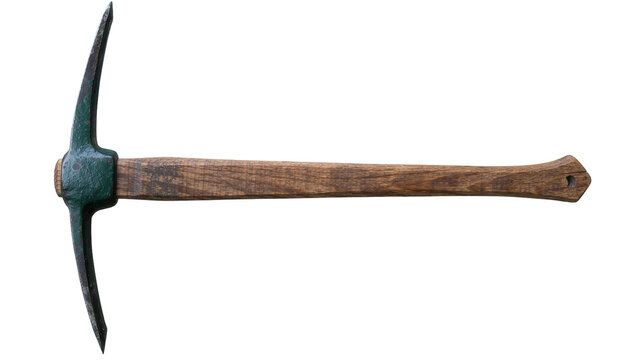 Heavy duty metal pickaxe with wooden handle, isolated on transparent background