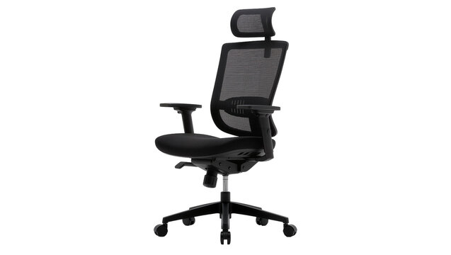 Ergonomic black mesh office chair with adjustable headrest, isolated on transparent background