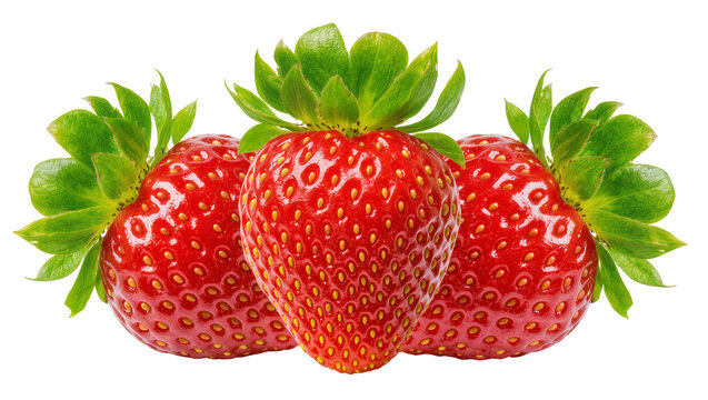 Three ripe red strawberries with green leafy tops, isolated on transparent background