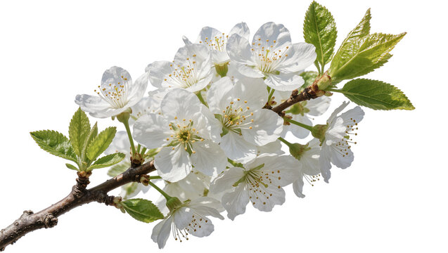 Delicate white cherry blossoms with green leaves on a branch, isolated on transparent background