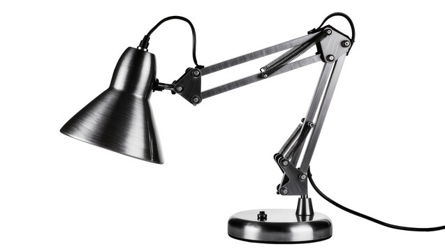 Adjustable metal desk lamp with articulated arm and conical shade, isolated on transparent background