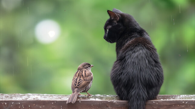 Black cat and small sparrow sitting together on wooden railing during rain. Unusual animal friendship and peaceful interaction in garden setting.