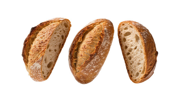 Artisan sourdough bread halves with golden crust and airy crumb, isolated on transparent background