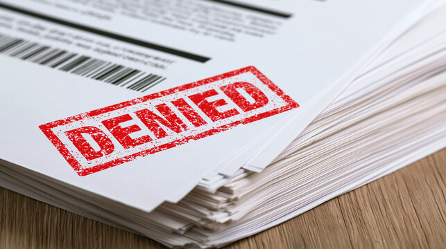 A red denied stamp on a stack of documents on a wooden desk. Rejection concept for business and legal administration.