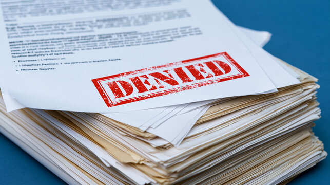 A red denied stamp on top of a large stack of legal documents and paperwork. Perfect concept for insurance claim rejection and bureaucracy.