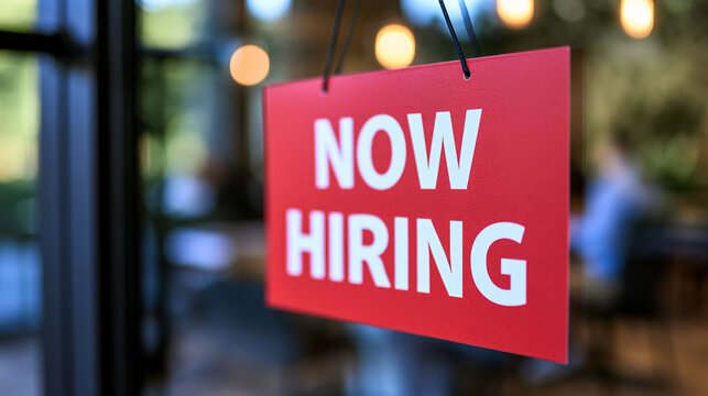 A red now hiring sign hangs on a glass door of a modern office space. This recruitment concept image is ideal for human resources and job search campaigns.