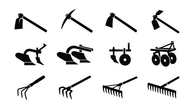 Black and white garden tools vector icons set