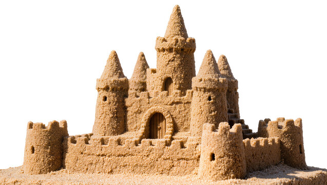 Intricate sandcastle with multiple towers and crenellations, isolated on transparent background