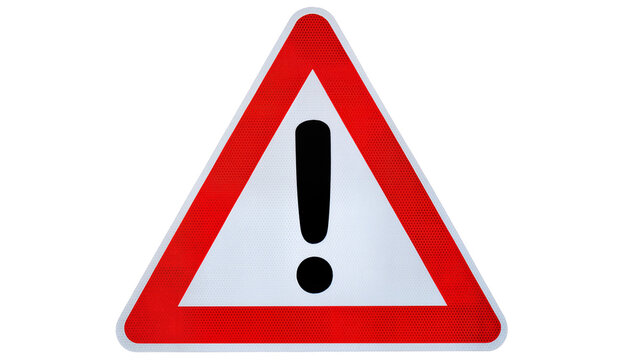 Red and white triangular warning sign with black exclamation mark, isolated on transparent background