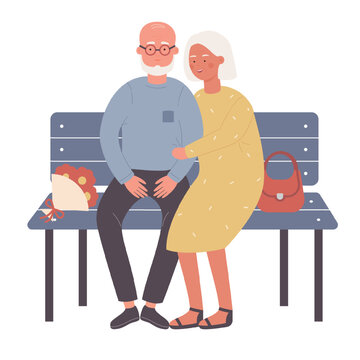 Senior happy couple sitting on wooden bench. Elderly man giving bouquet flower to his wife cartoon vector illustration
