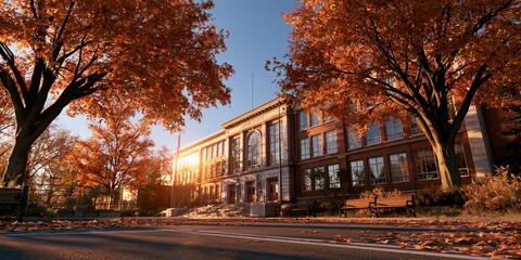 Fototapeta premium A grand university building bathed in golden autumn light, surrounded by vibrant orange trees and fallen leaves, evoking warmth and academic elegance.