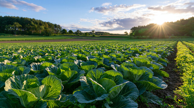A lush green cabbage field growing in rows under a bright sunset sky. Perfect for agricultural themes and organic farming concepts.