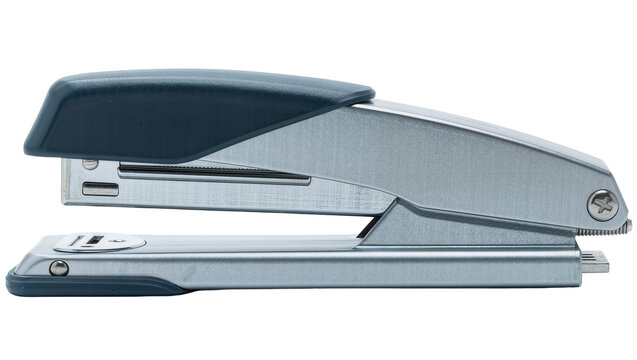 Metal and dark blue plastic stapler, isolated on transparent background