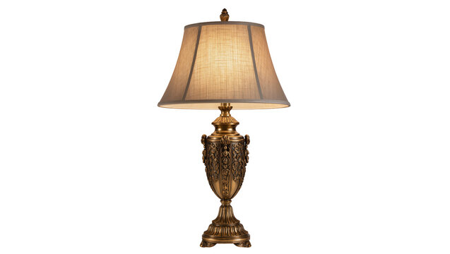 Ornate antique gold table lamp with textured shade, isolated on transparent background