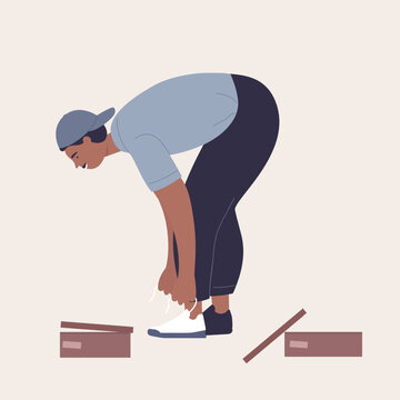 Smiling teeneger trying a new pair of sneakers. Stylish and sportive footwear for children cartoon vector illustration