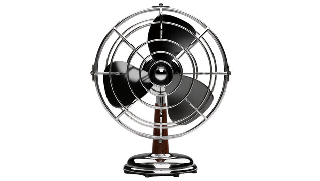 Vintage chrome desk fan with black blades and wooden base, isolated on transparent background