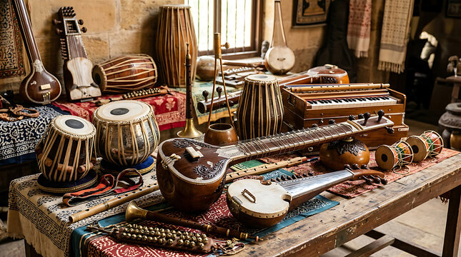 Traditional Indian musical instruments on display table.
