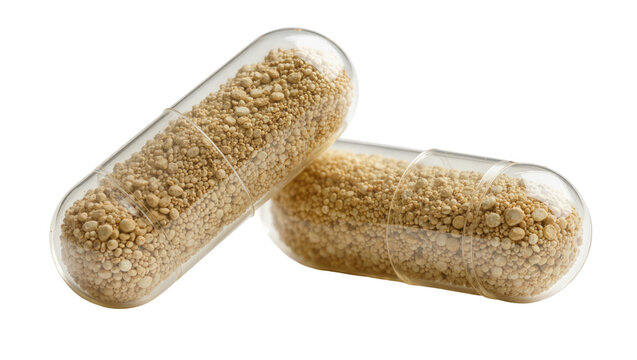 Two transparent capsules filled with granular beige powder, isolated on transparent background
