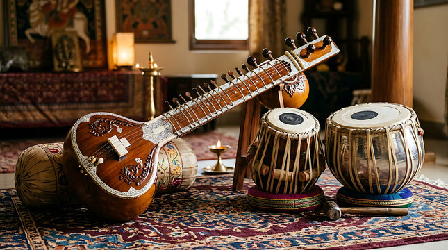 Traditional Indian Sitar and Tabla Instruments Display.