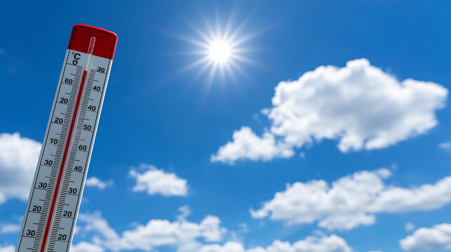 A weather thermometer showing high temperatures against a bright sunny sky with white clouds. Use this image to depict global warming and heatwave concepts in meteorological.