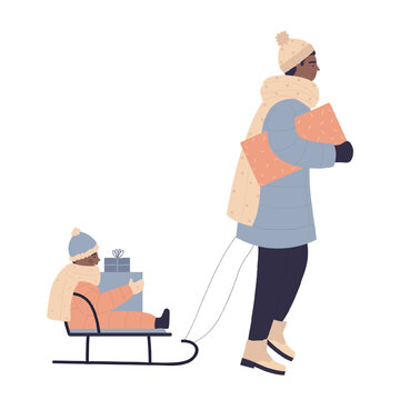 Winter walking outdoor parent with child on sleigh. Kid holding a holiday gift surprise cartoon vector illustration