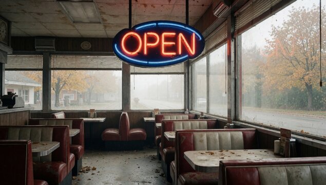 Interior diner large neon sign reads open hanging ceiling has red booths tables white tablecloths floor covere
