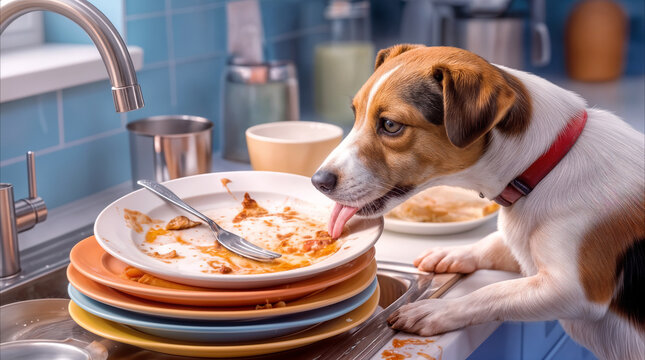 Jack Russell Terrier licking dirty plates in kitchen sink. Naughty dog eating food scraps from messy dishes after family dinner.