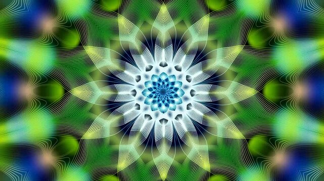 Radiant mandala with layered petal motifs, luminous cyan core, flowing wave lines, mirrored floral symmetry, and vivid color shifting across intricate abstract design