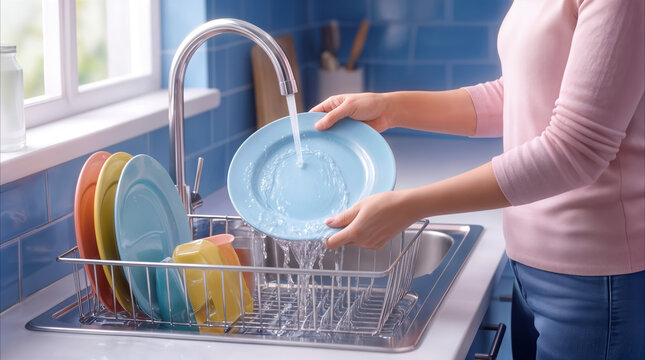 Housewife washing dishes by hand in bright kitchen. Woman rinsing blue ceramic plate under running water from modern faucet.
