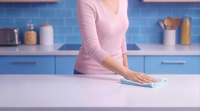 Woman wiping kitchen counter with microfiber cloth. Housewife cleaning white countertop in modern blue kitchen.