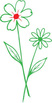 Two simple hand drawn flowers with petals and leaves in a casual sketch style