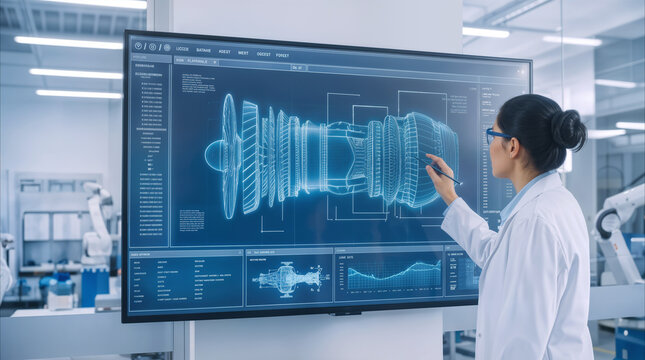 Aerospace engineer analyzing turbine engine blueprint on large digital display. Professional woman in white lab coat working in high-tech manufacturing facility with robotic arms.