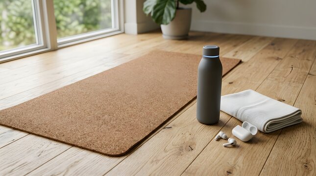 Cork yoga mat positioned beside a sleek grey water bottle white towel and wireless earbuds on bright natural wooden flooring