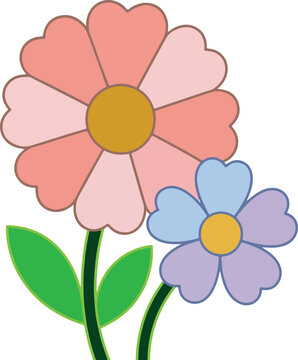 Two colorful cartoon flowers with green leaves isolated on a white background