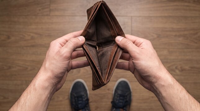 A person's hands hold an old, empty brown leather wallet, symbolizing financial hardship and lack of money, viewed from a first-person perspective above a wooden floor.