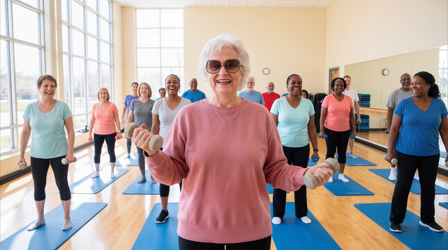 Active senior woman leading group exercise class with dumbbells. Diverse elderly participants practicing strength training in bright community center gym.