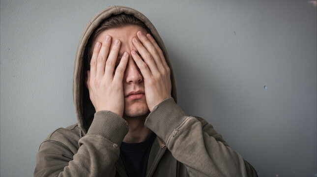 Desperate young man covering his face with hands while leaning against gray wall. Mental health struggles and emotional distress concept.