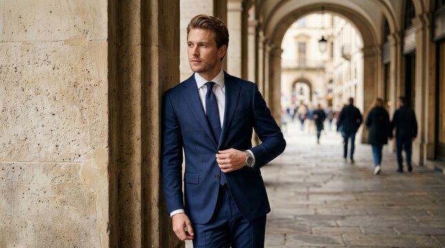 A handsome young professional businessman wearing a formal navy suit in the city.