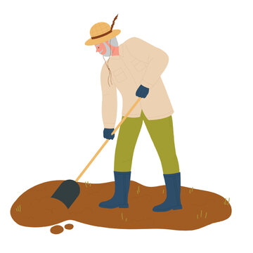 Farming man working on field with shovel. Practice of plants and seeds cultivation cartoon vector illustration