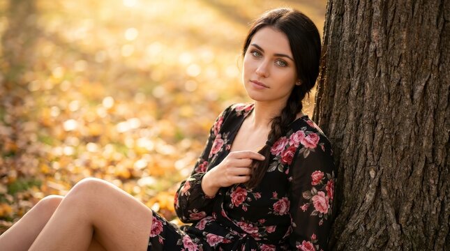 A young woman wearing casual clothes and a floral dress poses outdoors.