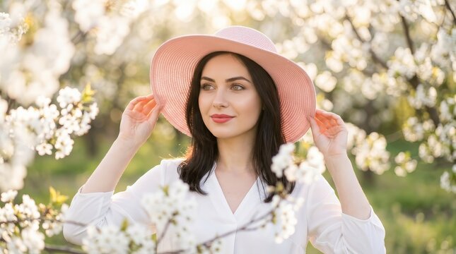 Portrait of a lovely lady wearing a pink sun hat in a blossoming spring garden.