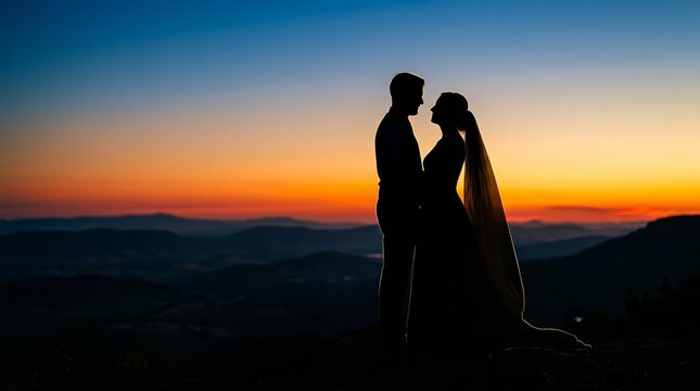 A newlywed bride and groom in silhouette against a beautiful sunset background.