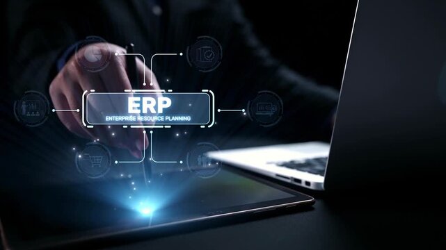 ERP platform visual showing centralized system for enterprise resource planning, improving integration, data flow, business efficiency, finance, inventory, and human resources. Elide