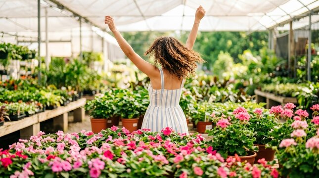 Cheerful woman with arms raised amidst vibrant pink flowering plants in a plant nursery.