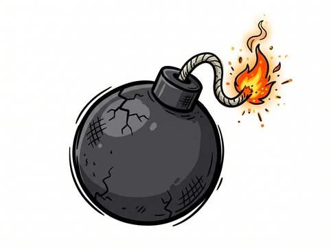 Cartoon bomb with lit fuse isolated on white background, explosive danger icon illustration.