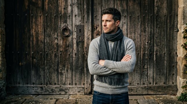 Attractive man wearing a grey sweater and scarf in front of a rustic wooden door