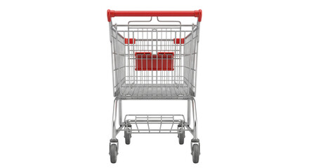 Empty metal shopping cart with red handle and child seat, front view © Sapphire