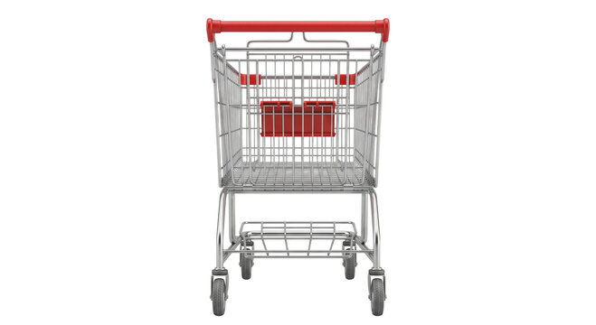 Empty metal shopping cart with red handle and child seat, front view