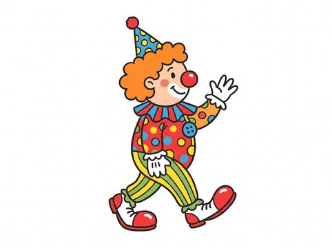 Cartoon clown character waving hand, colorful circus performer illustration on white background