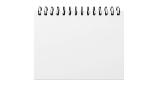 Blank spiral bound notepad with white pages and black metal binding